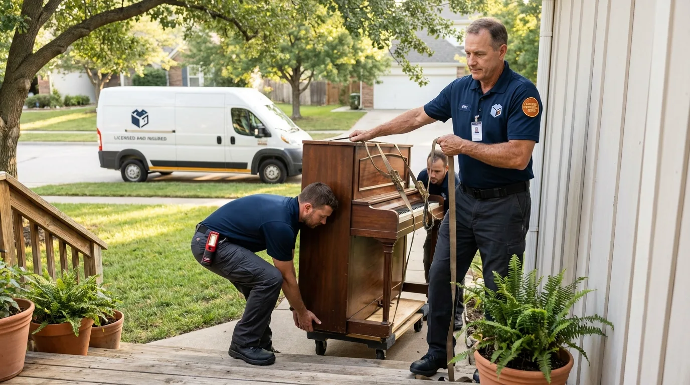 Licensed piano movers securing grand piano in Tybee Island, GA