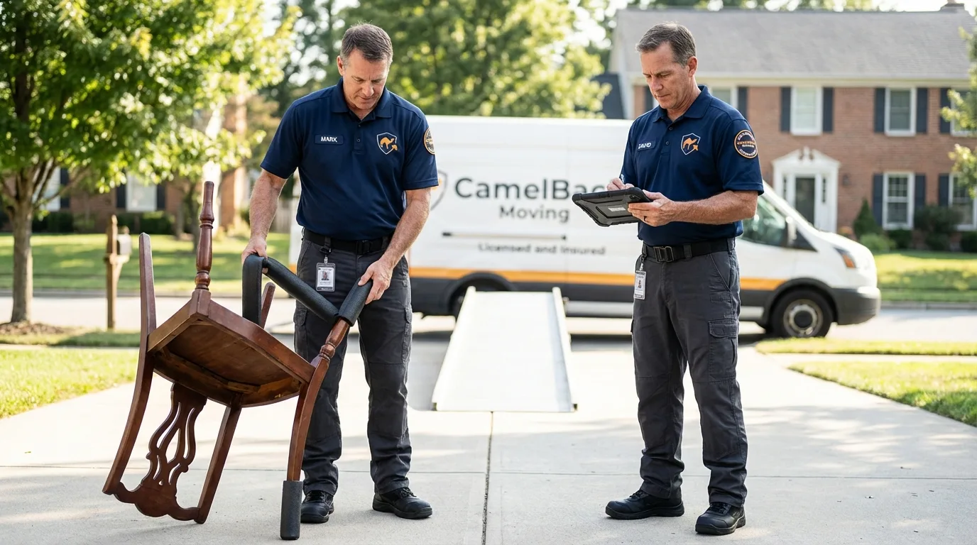 Movers inspecting furniture for damage prevention before loading in Tybee Island, GA