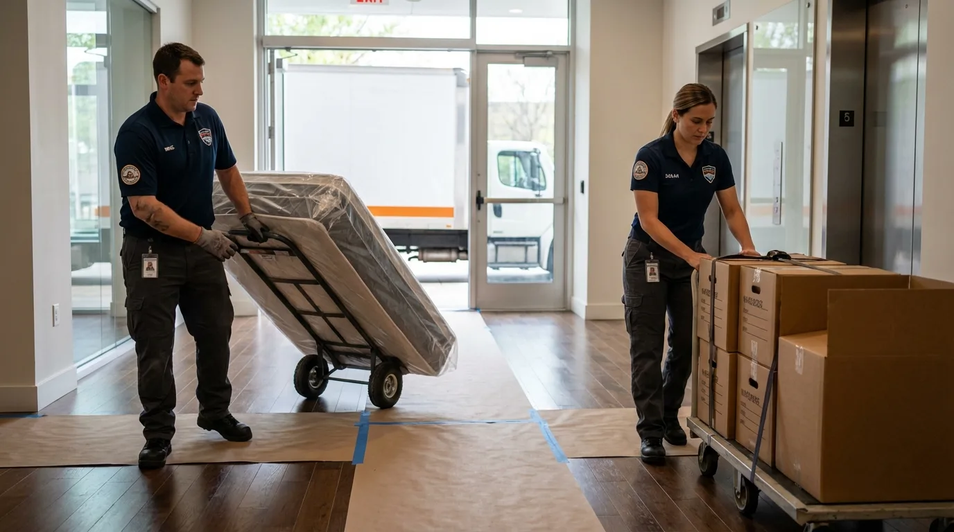 Professional apartment movers loading elevator in Tybee Island, GA