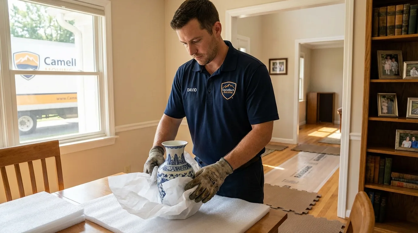 Professional crew carefully wrapping antique vase for senior downsizing move in Tybee Island, GA
